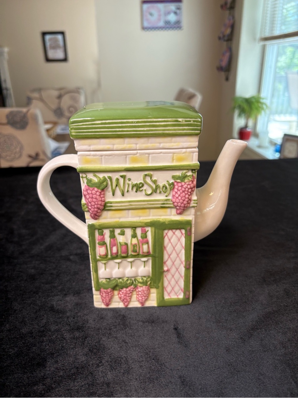 Wine Shop Ceramic Teapot in Green and Pink - Decorative Home Kitchen